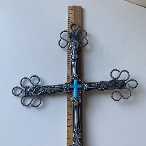 Vintage Southwestern Silver Tone Metal Crucifix Cross Wall Hanging Ornate 11X7 - Picture 5 of 12
